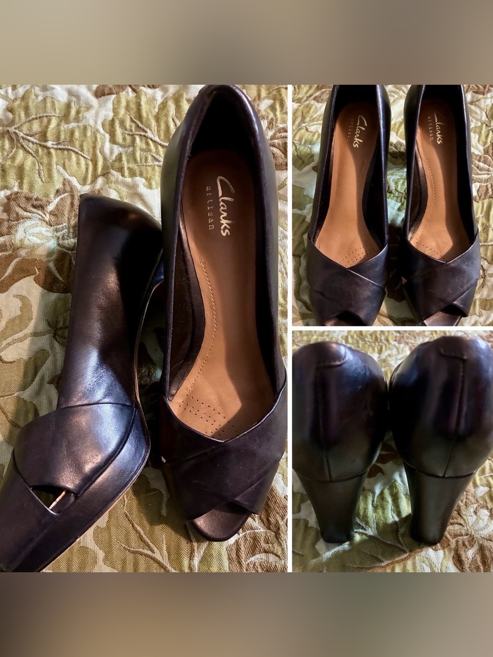 Clarks Black Leather Peep-Toe Platform Pumps